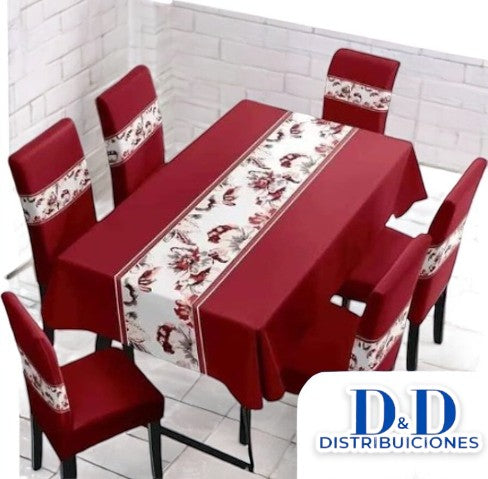 MANTEL DE COMEDOR + 6 FORROS DE SILLAS