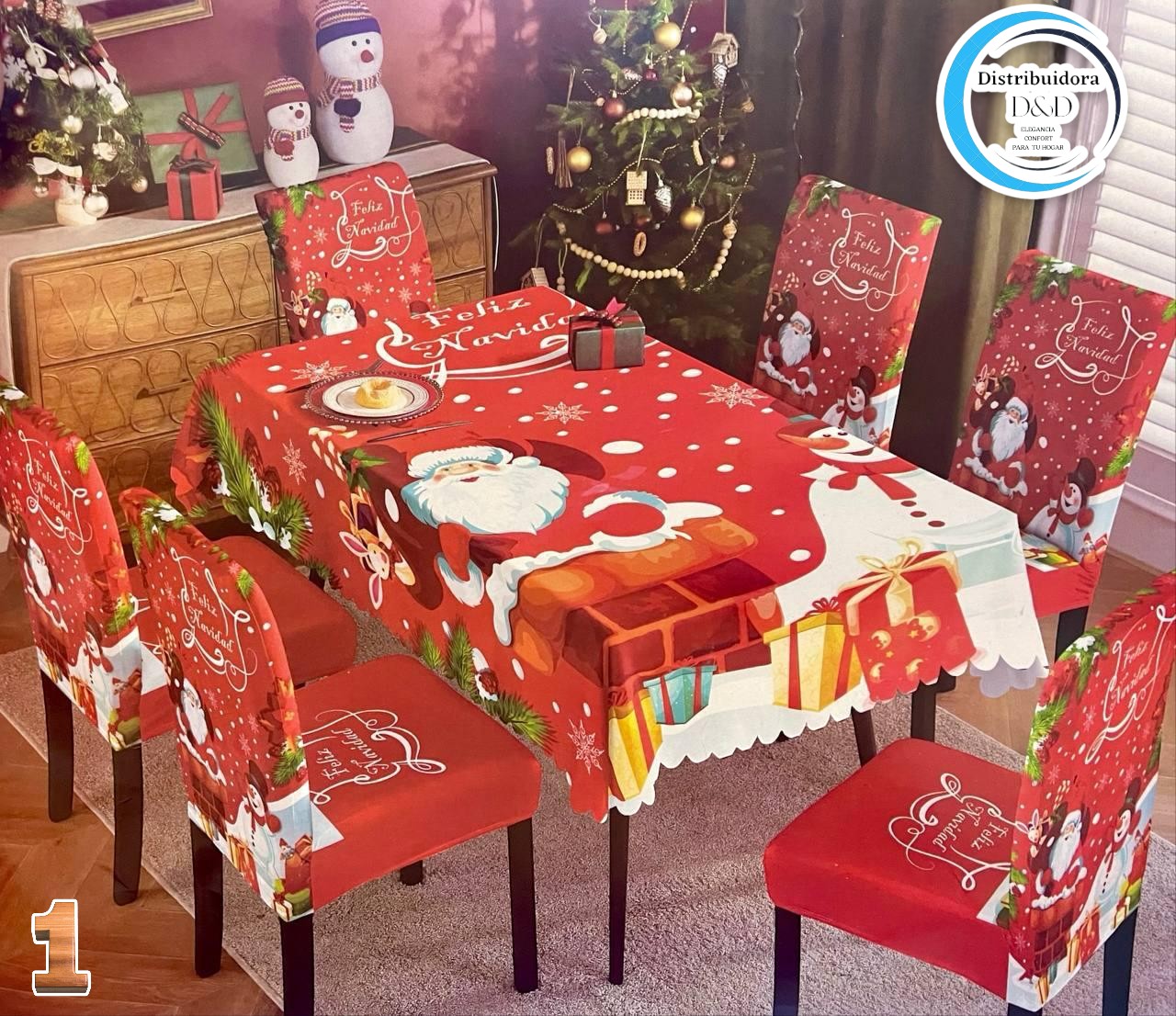 MANTEL DE COMEDOR + 6 FORROS DE SILLAS navideño