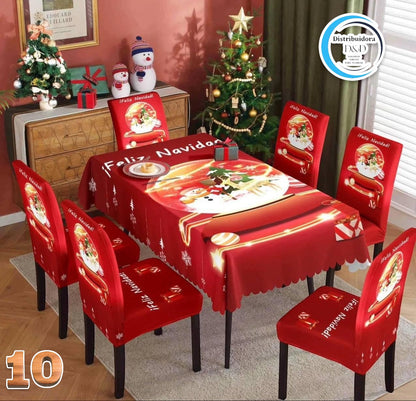 MANTEL DE COMEDOR + 6 FORROS DE SILLAS navideño