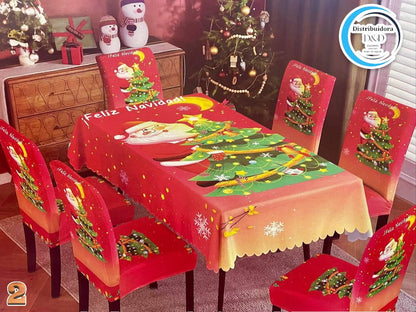 MANTEL DE COMEDOR + 6 FORROS DE SILLAS navideño