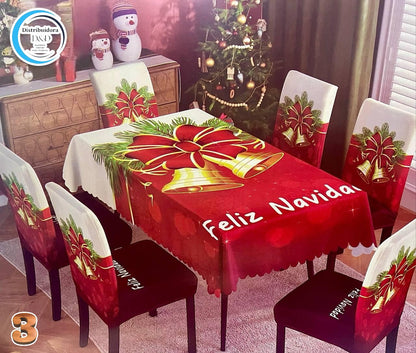 MANTEL DE COMEDOR + 6 FORROS DE SILLAS navideño