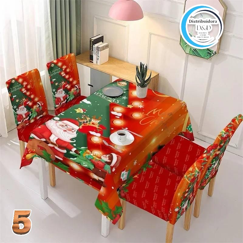 MANTEL DE COMEDOR + 6 FORROS DE SILLAS navideño