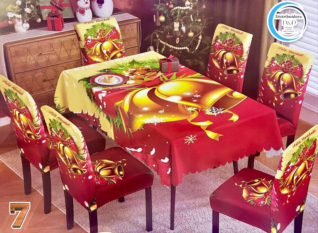 MANTEL DE COMEDOR + 6 FORROS DE SILLAS navideño