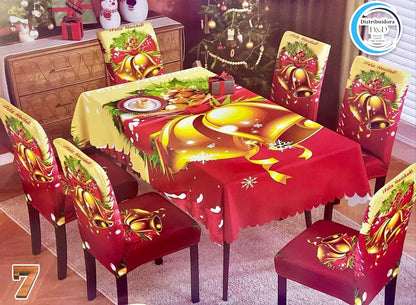 MANTEL DE COMEDOR + 6 FORROS DE SILLAS navideño