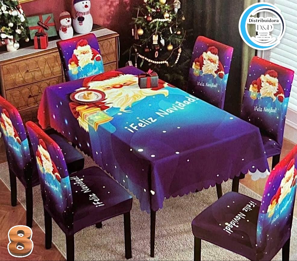 MANTEL DE COMEDOR + 6 FORROS DE SILLAS navideño