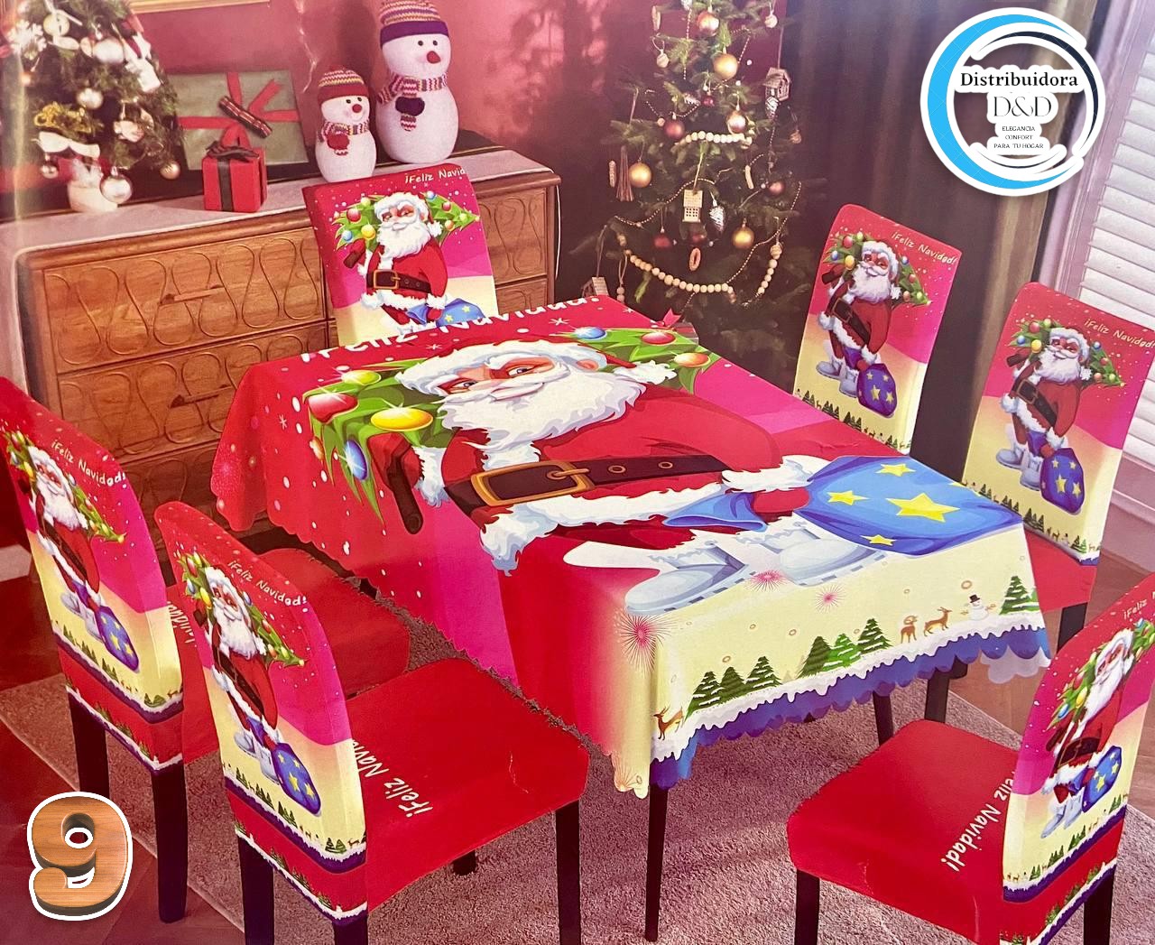 MANTEL DE COMEDOR + 6 FORROS DE SILLAS navideño